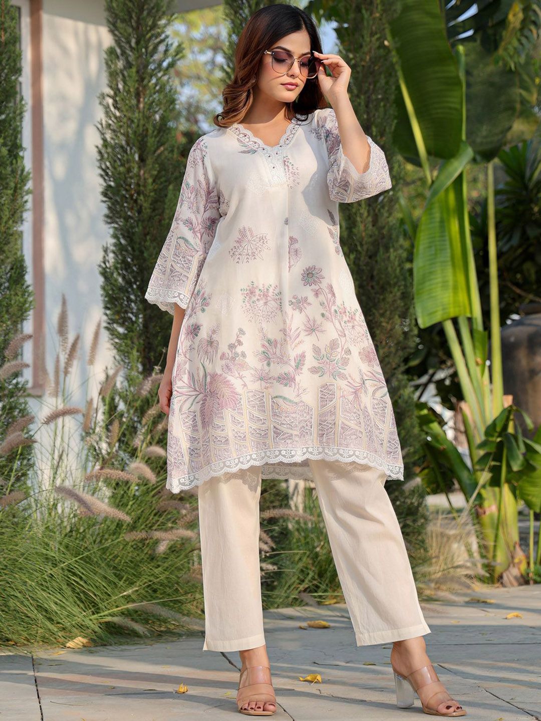 Floral Printed V Neck A Line Pure Cotton Kurta With Trousers