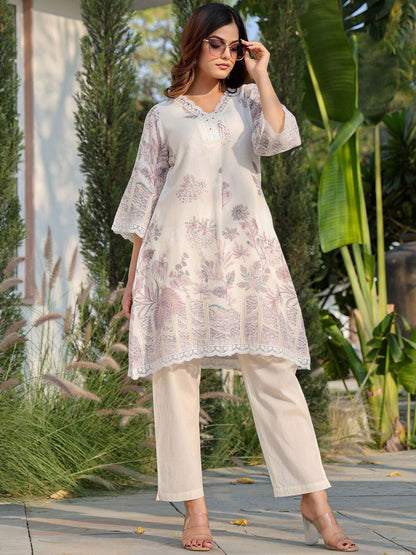 Floral Printed V Neck A Line Pure Cotton Kurta With Trousers