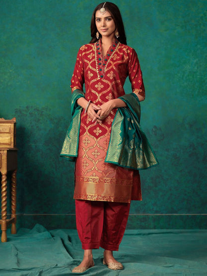 Dhiyona SN Women's Maroon Ethnic Motifs Woven Design Regular Thread Work Kurta & Salwar With Dupatta
