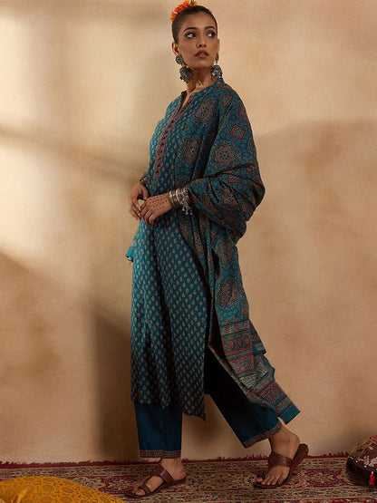 Dhiyona IE Ethnic Motifs Printed Regular Pure Cotton Straight Kurta with Trousers & Dupatta