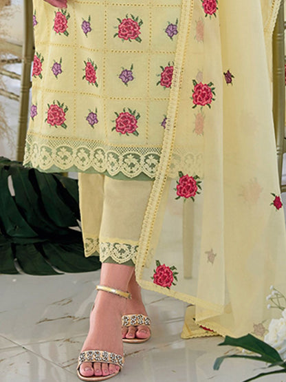 Floral Embroidered V-Neck Pure Cotton Straight Kurta With Trousers & Dupatta