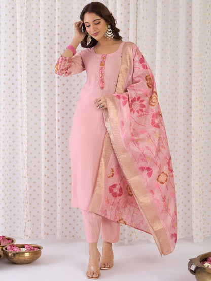 Dhiyona IE Floral Yoke Design Embroidered Thread Work Straight Kurta With Trousers & Dupatta