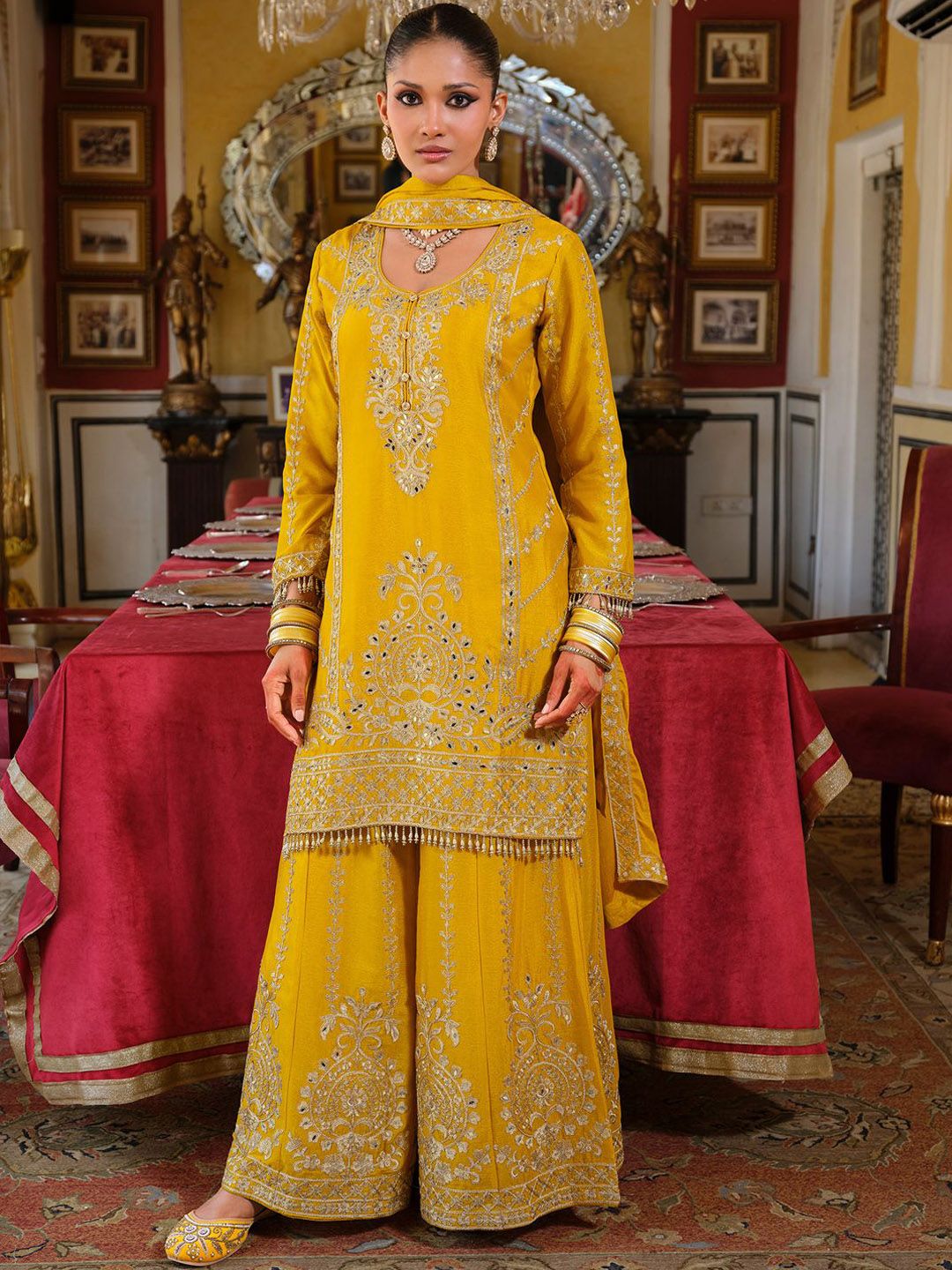 Dhiyona IE Women's Women Ethnic Motifs Embroidered Regular Mirror Work Kurta with Palazzos & Dupatta