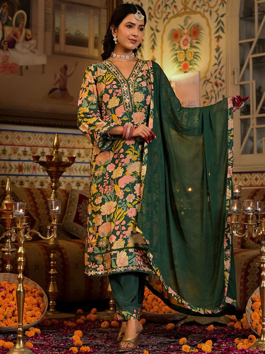 Dhiyona VA Women'sMirror Embellished V-Neck Straight Kurta With Solid Bottom & Dupatta
