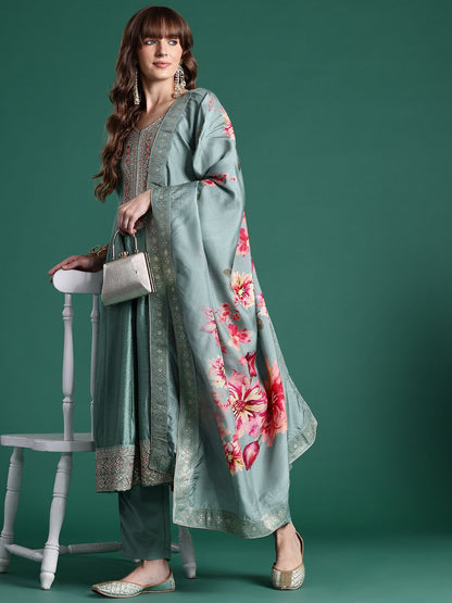 Floral Embroidered Sequinned Kurta With Trousers & Dupatta