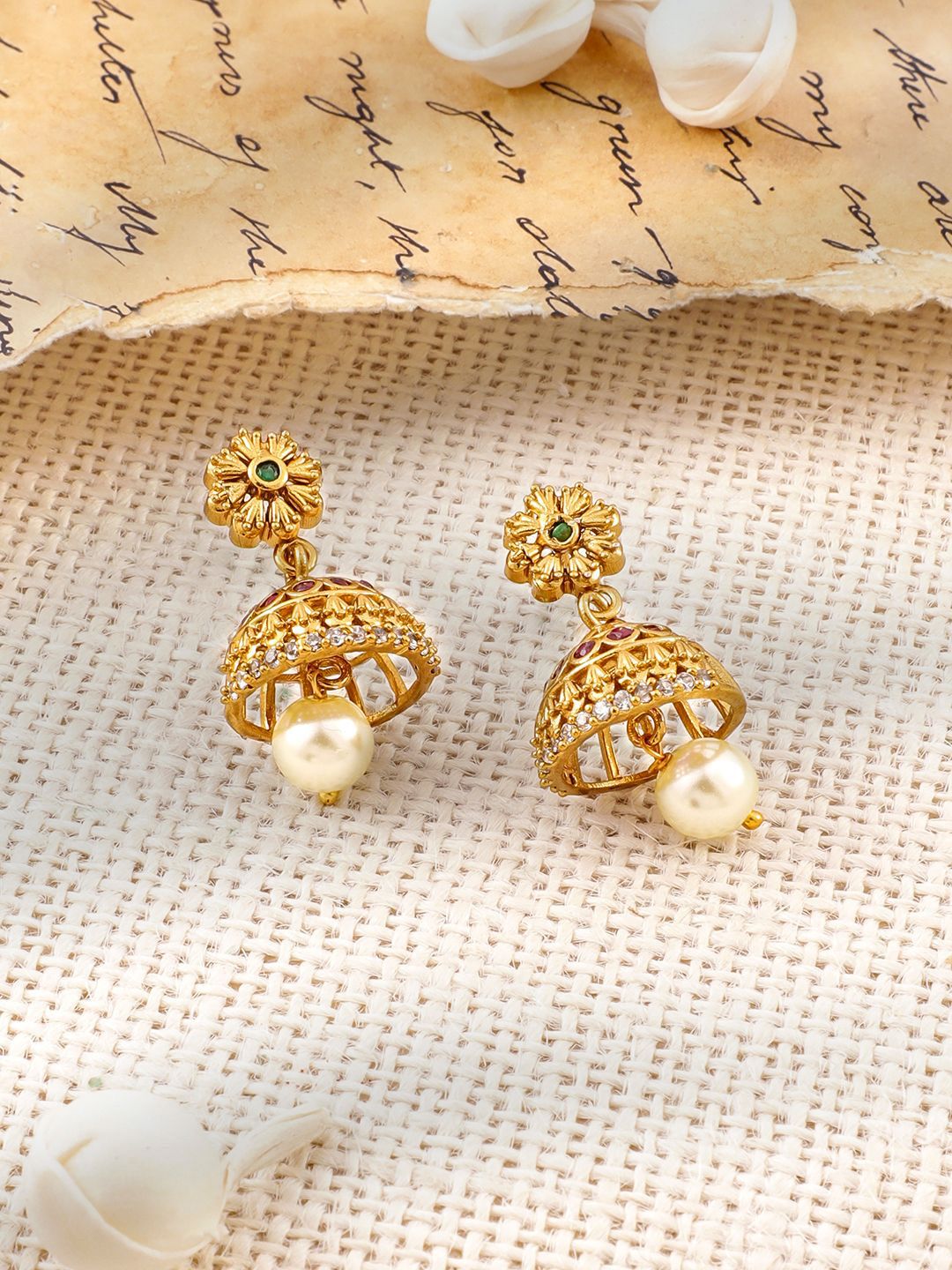 Dhiyona RJ Women's 22K Gold-Plated Ruby, Emerald & Cubic Zirconia Studded Choker Set with Pearl Drops