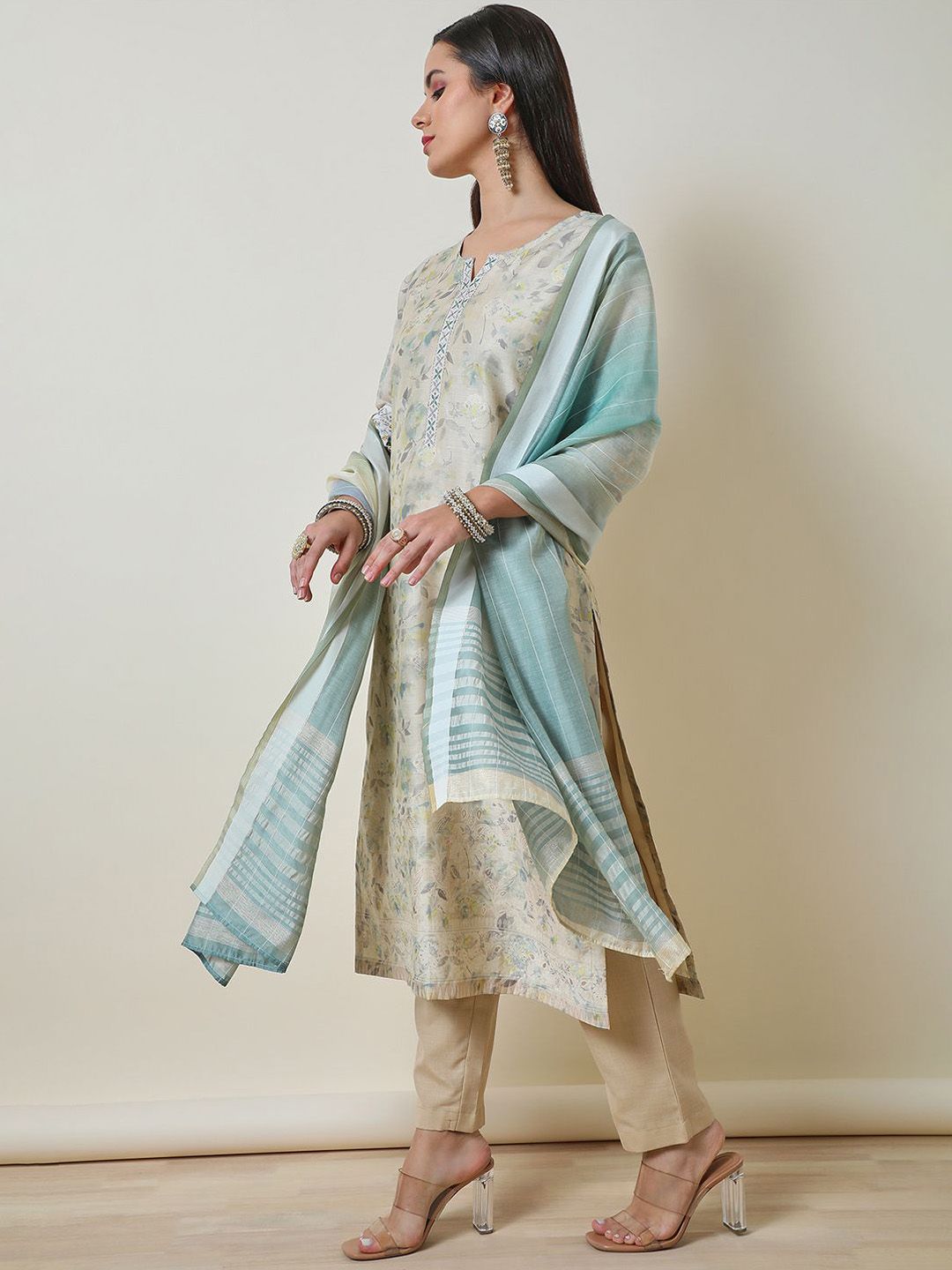 Dhiyona SO Women's Women Ethnic Motifs Printed Regular Thread Work Chanderi Cotton Kurta with Trousers & With Dupatta