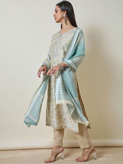 Dhiyona SO Women's Women Ethnic Motifs Printed Regular Thread Work Chanderi Cotton Kurta with Trousers & With Dupatta