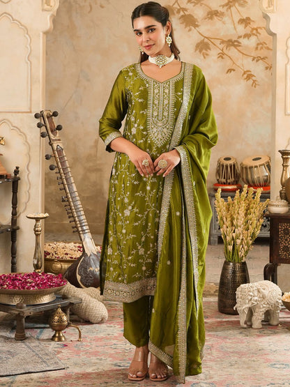 Ethnic Motifs Embroidered Regular Sequinned Kurta with Trousers & Dupatta