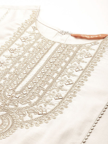 Ethnic Motifs Embroidered Panelled Liva Kurta With Trousers & Dupatta