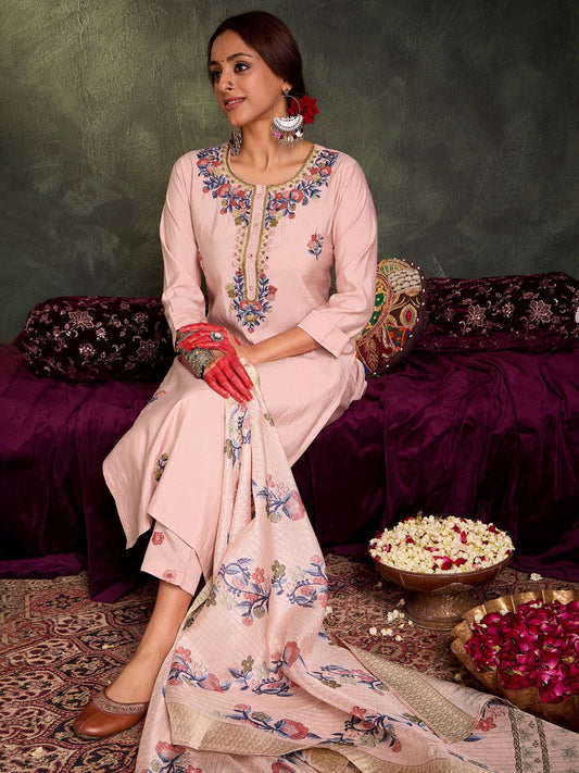 Dhiyona IE Floral Embroidered Thread Work Straight Kurta With Trousers And Dupatta
