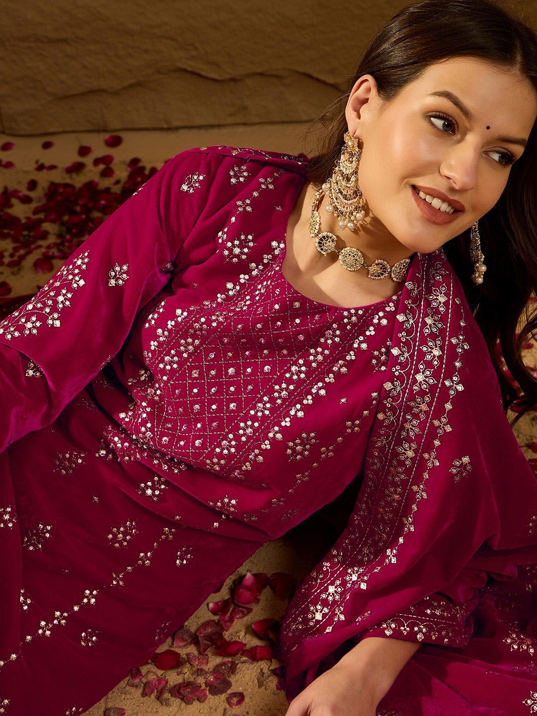 Dhiyona PD Women Floral Embroidered Velvet Straight Kurta With Trousers And Dupatta
