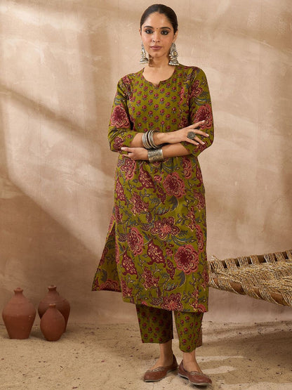 Dhiyona IE Floral Printed Cotton A-Line Tunic With Trousers Co-Ords