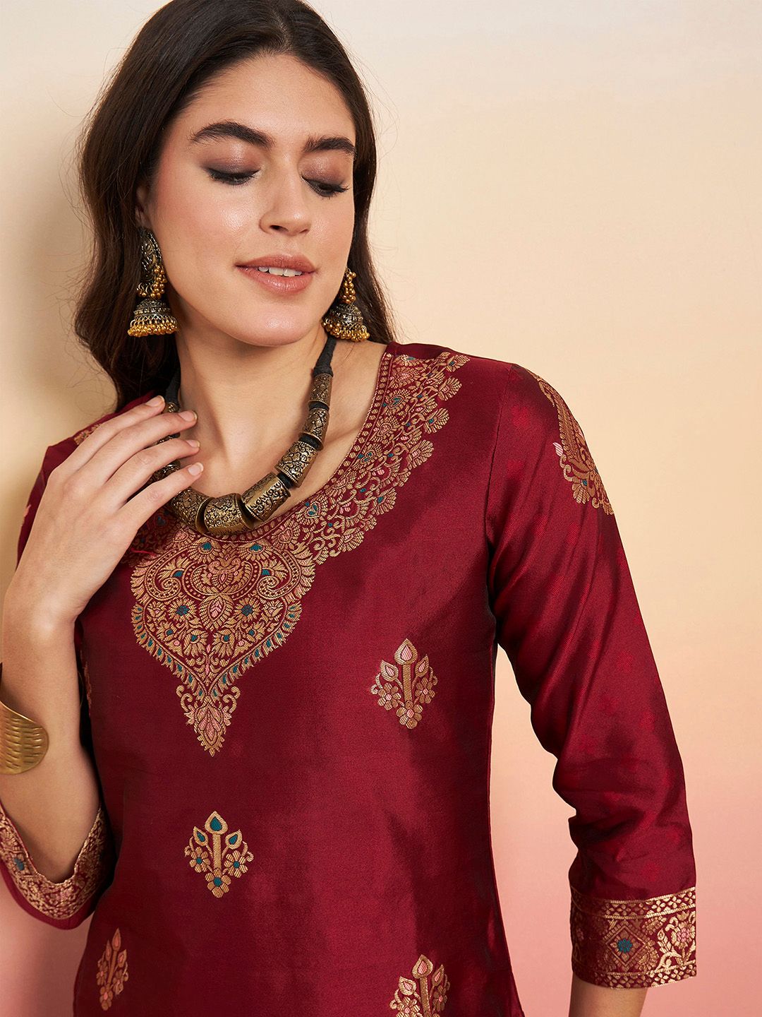 Women Maroon & Gold-Toned Ethnic Motifs Woven Design Kurta with Palazzos