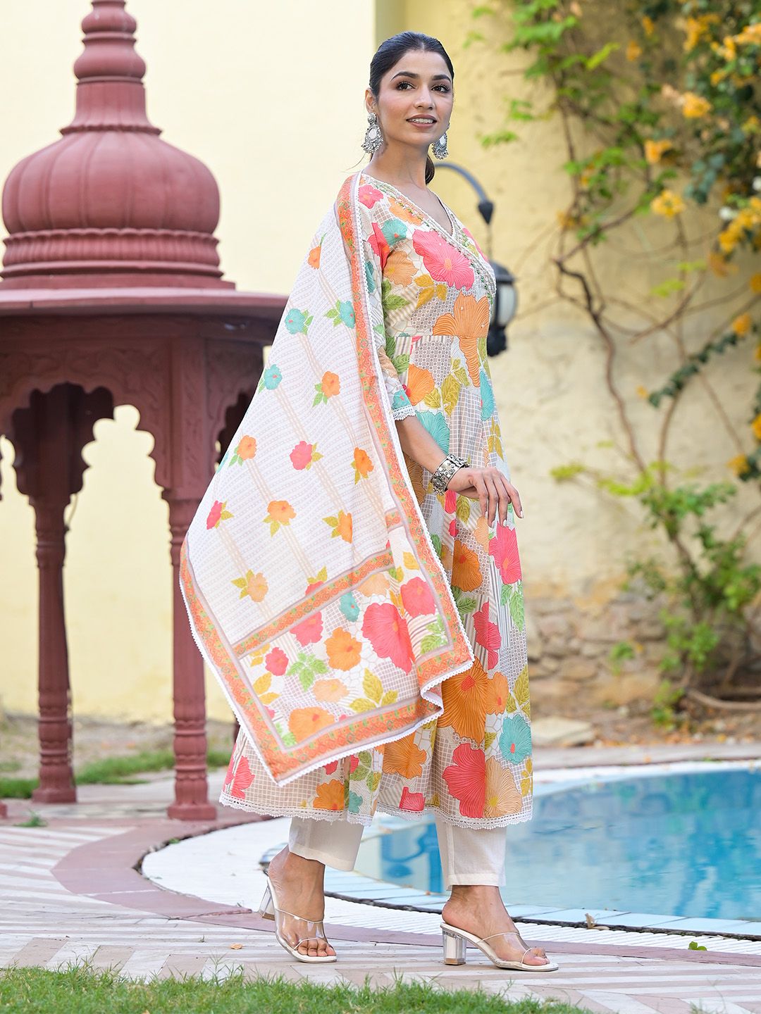 Dhiyona IS Women's Floral Printed Angrakha Beads and Stones Anarkali Kurta With Trouser & Dupatta