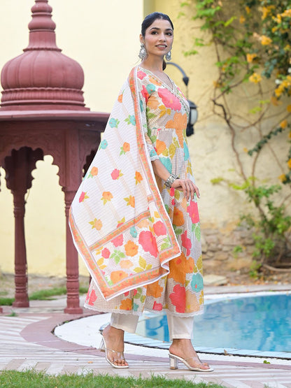 Dhiyona IS Women's Floral Printed Angrakha Beads and Stones Anarkali Kurta With Trouser & Dupatta