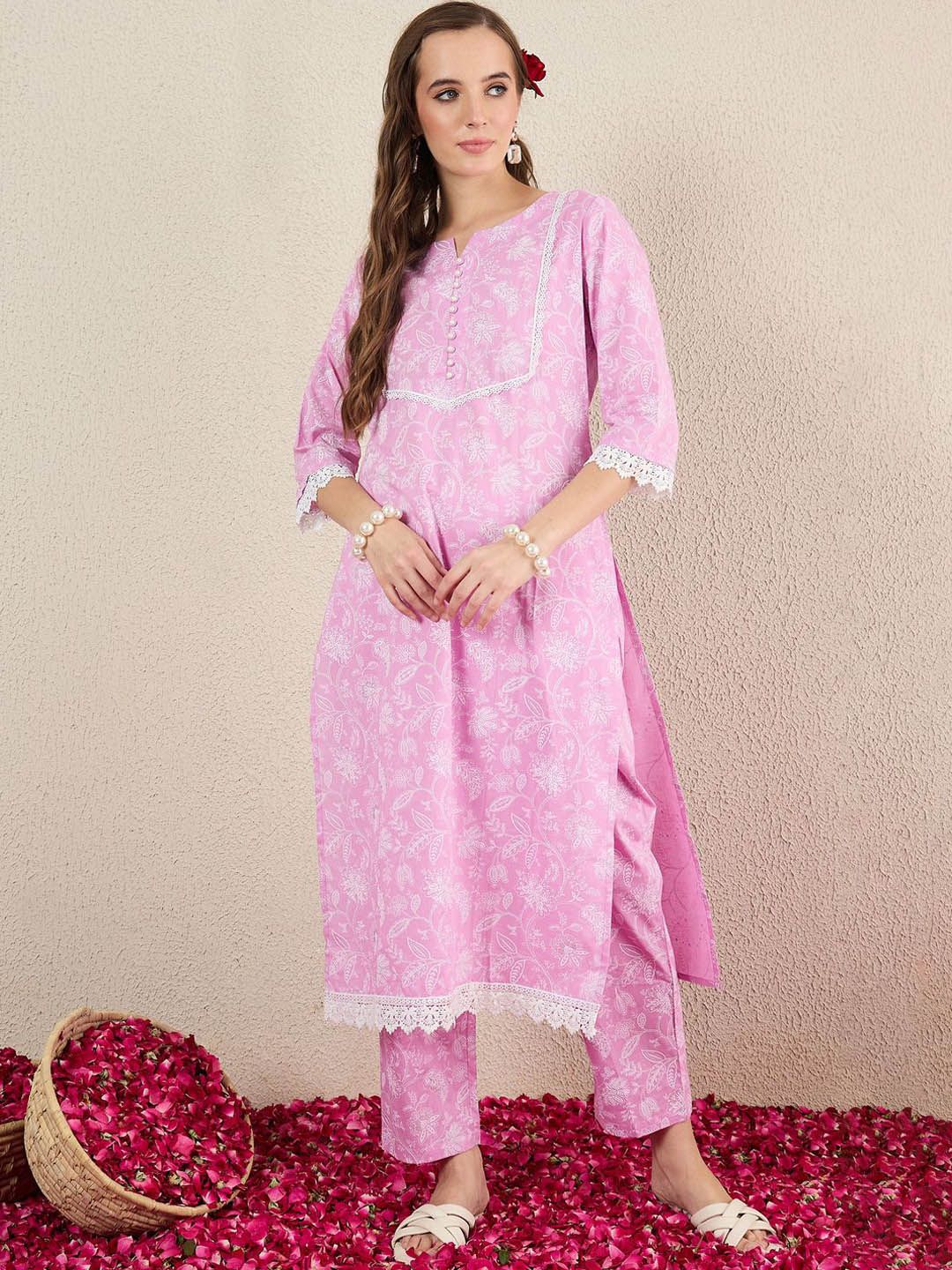 Dhiyona IE Women Floral Printed Cotton Kurta with Trousers