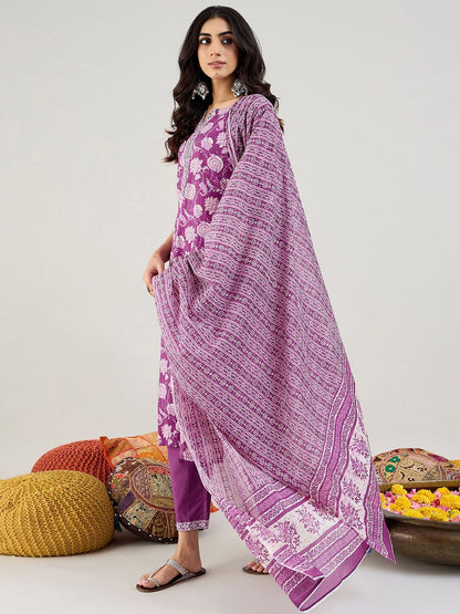 Dhiyona IE Floral Printed Gotta Patti Pure Cotton Straight Kurta with Trouser & Dupatta