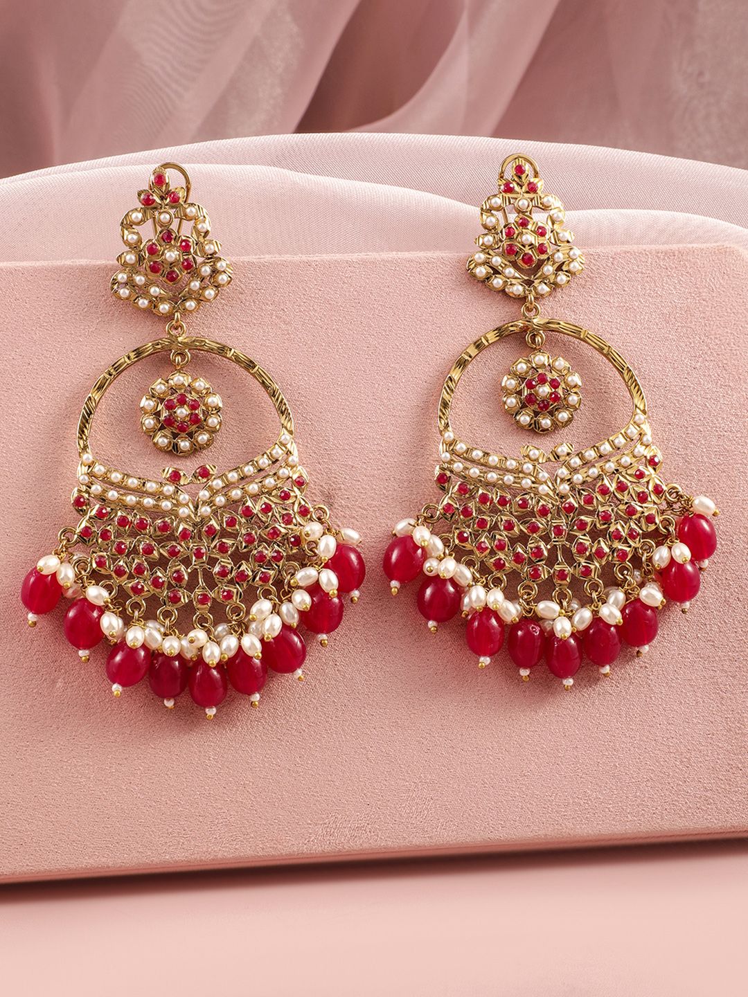 Dhiyona RJ Women's 18K Mehandi Gold-Plated Red Beaded & Pearl Accented Traditional Chandbali Earrings