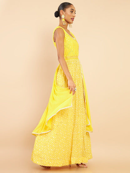 Dhiyona SO Women's Women Yellow Embroidered Empire Mirror Work Kurta with Trousers & With Dupatta