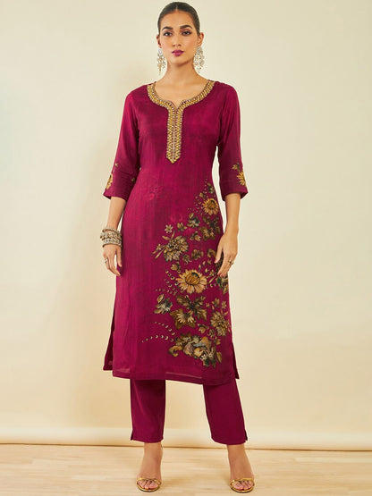 Dhiyona SO Women's Maroon Floral Printed Beads and Stones Kurta With Trousers & Dupatta