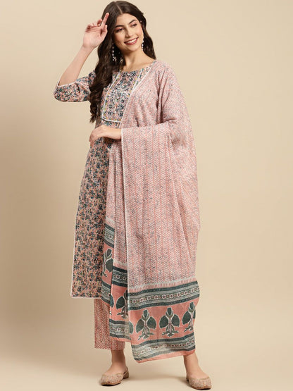 Dhiyona SN Women's Peach & Blue Floral-Printed Pure-Cotton Straight Kurta With Trouser & Dupatta