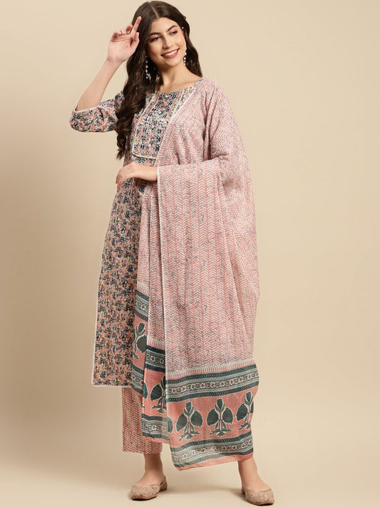 Dhiyona SN Women's Peach & Blue Floral-Printed Pure-Cotton Straight Kurta With Trouser & Dupatta