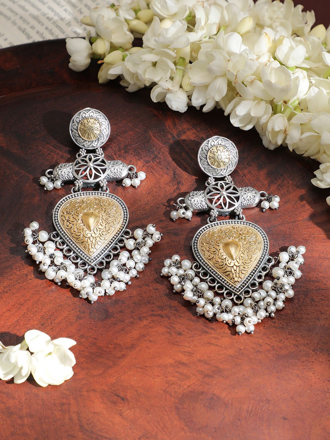 Dhiyona RJ Women's Dual-Tone Oxidised Silver & Gold Plated Chandelier Earrings with Pearl Beaded Drops