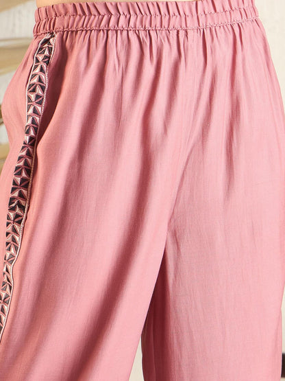 Pink Floral Printed Above Knee Shirt Collar Straight Kurta With Trouser