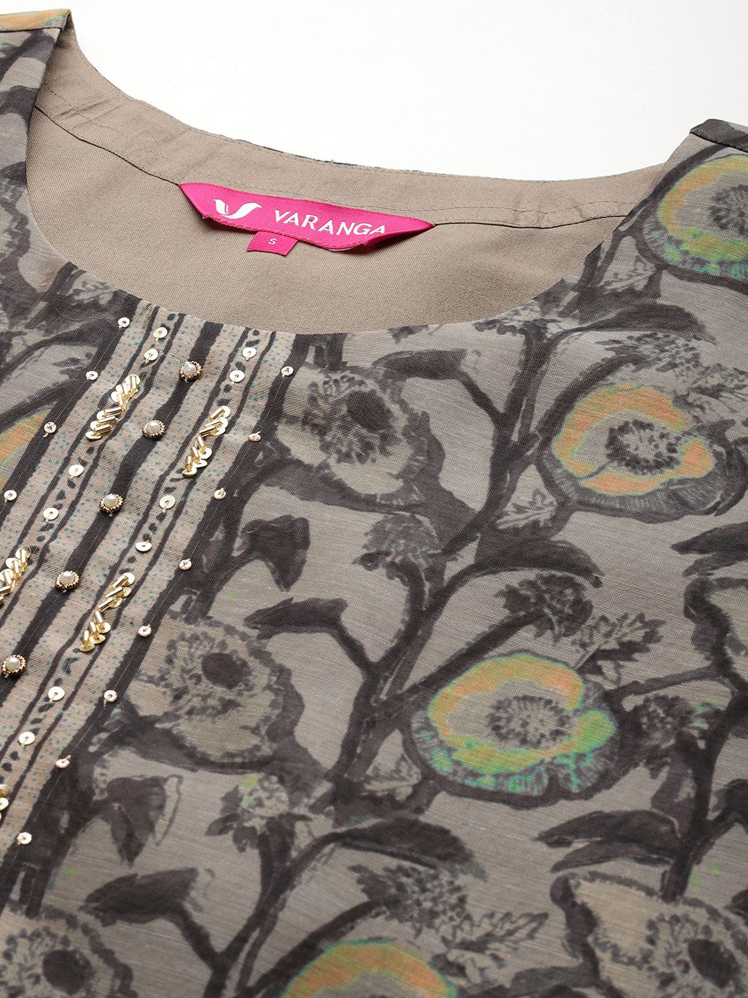 Dhiyona VA Women'sGrey Floral Printed Beads and Stones Straight Kurta with Trousers & Dupatta