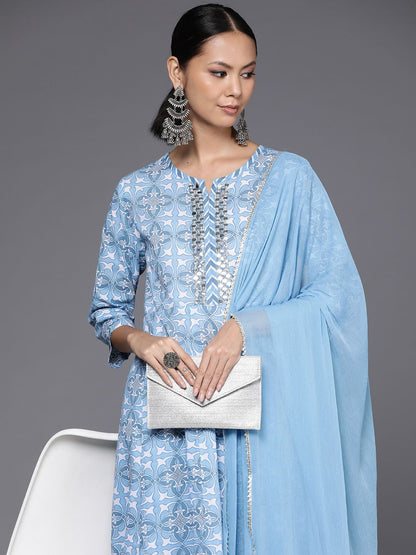 Dhiyona VA Women'sPrinted Empire Mirror Work Pure Cotton Kurta with Trousers & Dupatta