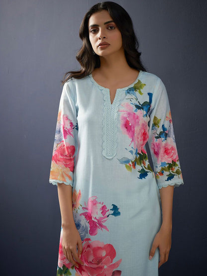 Dhiyona IE Floral Printed Regular Linen Straight Kurta With Trousers & Dupatta