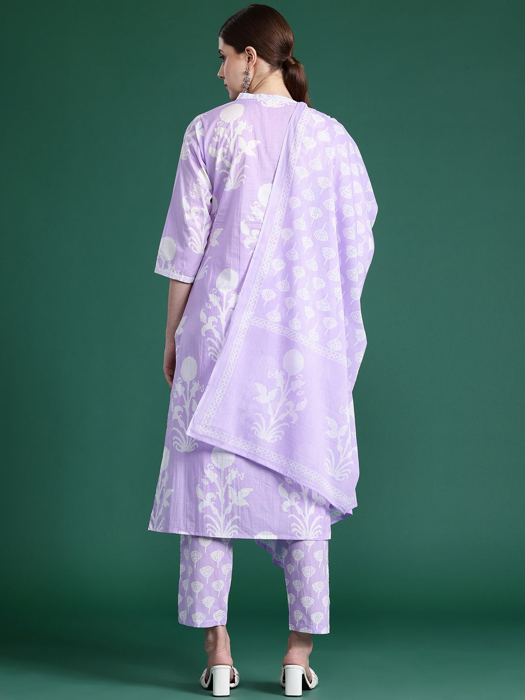 Dhiyona IE Floral Printed Sequinned Pure Cotton Kurta With Trousers & Dupatta