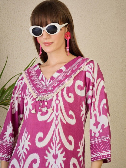 Adults-Women Ethnic Motifs Printed Cotton A-Line Kurta with Trousers