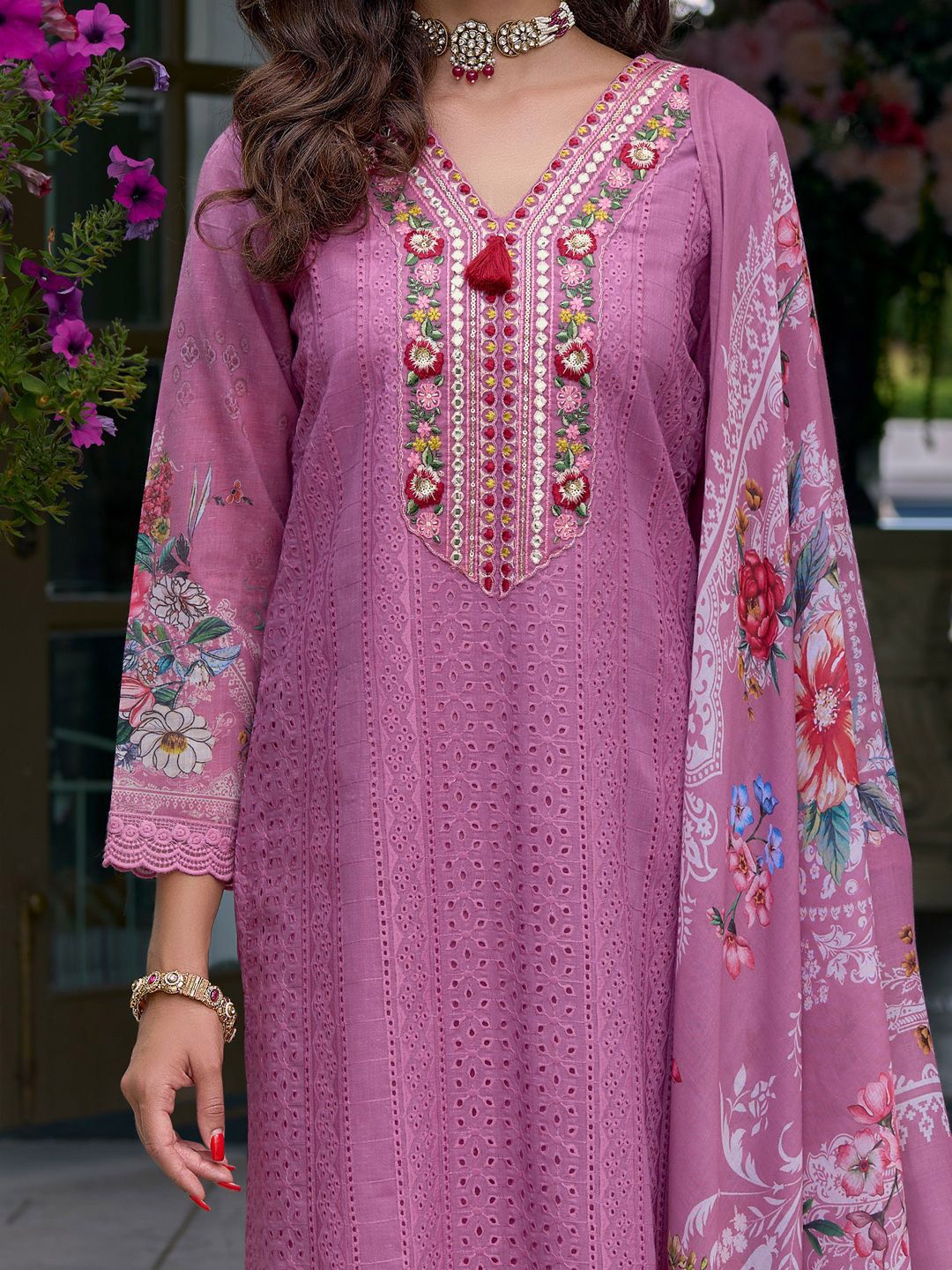 Floral Embroidered Mirror Work Pure Cotton Kurta With Trousers & Dupatta