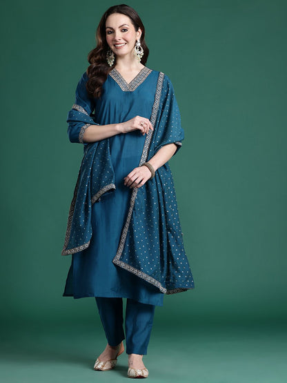 Embroidered Sequinned Kurta with Trousers & With Dupatta