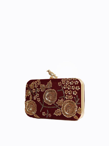 Dhiyona NR Maroon & Gold-Toned Embroidered Box Clutch