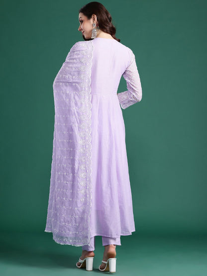 Floral Embroidered Thread Work Pure Cotton Kurta With Trousers & Dupatta