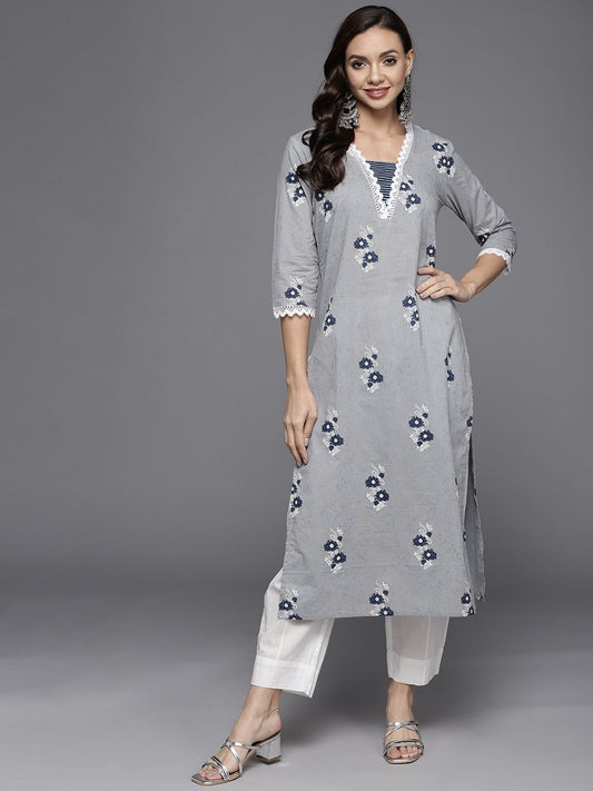 Dhiyona IE Women Grey & Blue Floral Printed Pure Cotton Kurta