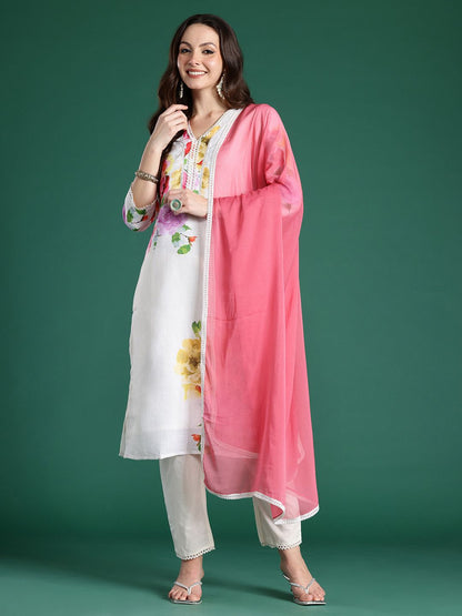 Dhiyona IE Floral Printed Beads and Stones Linen Kurta with Trousers & With Dupatta