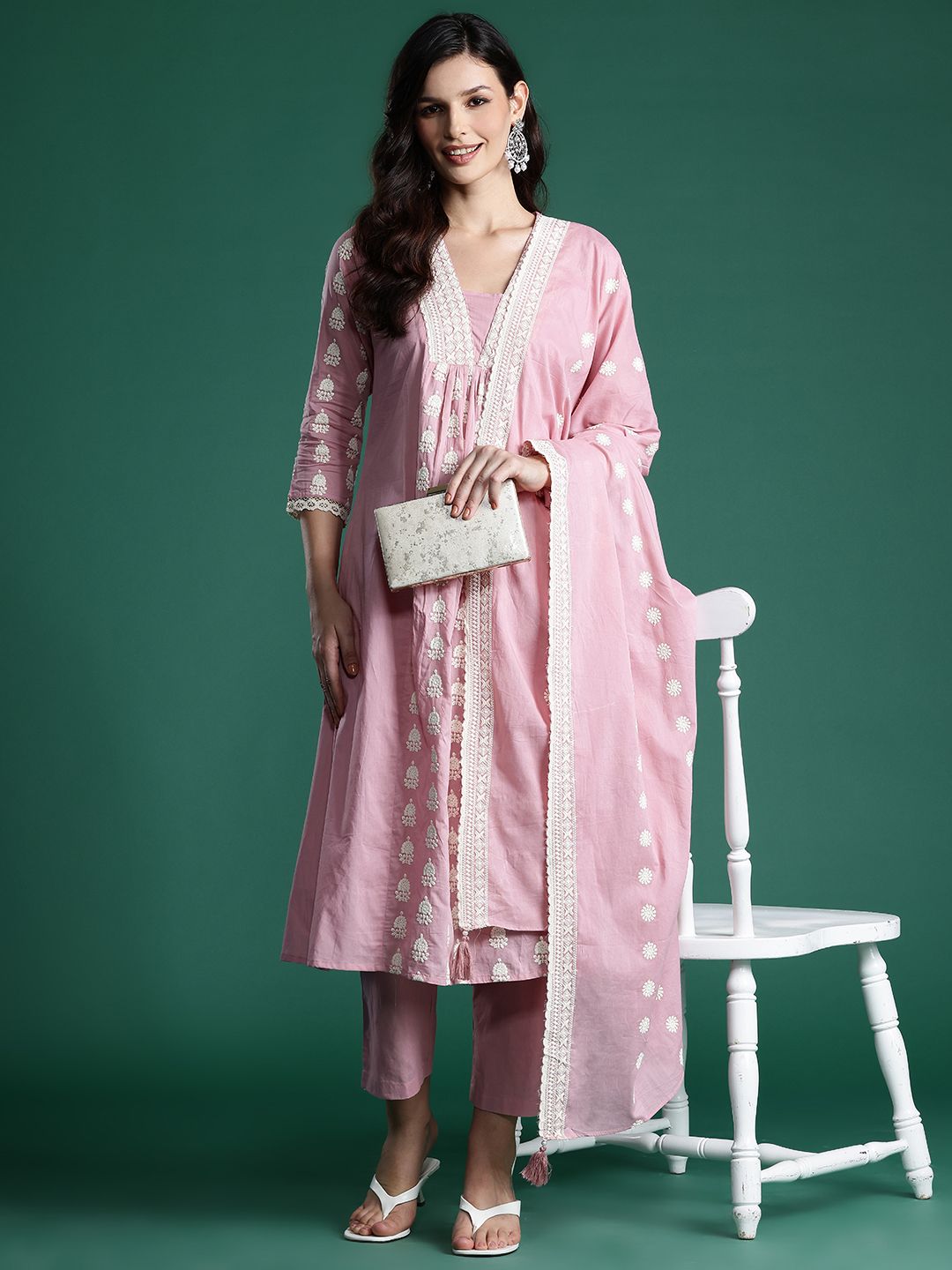 Ethnic Motifs Embroidered Pleated Thread Work Pure Cotton Kurta Set