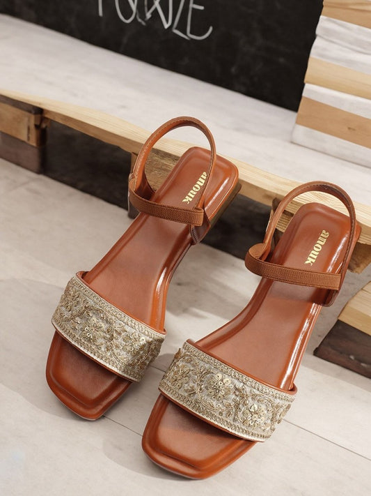 Dhiyona AK Tan Brown & Gold-Toned Embroidered Open Toe Flats
