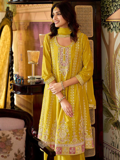 Dhiyona IE Floral Embroidered Mirror Work Round Neck Anarkali Kurta With Palazzos & Dupatta