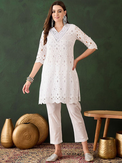 Dhiyona SN Women's White Floral Embroidered V-Neck Mirror Work Pure Cotton Kurta with Trousers