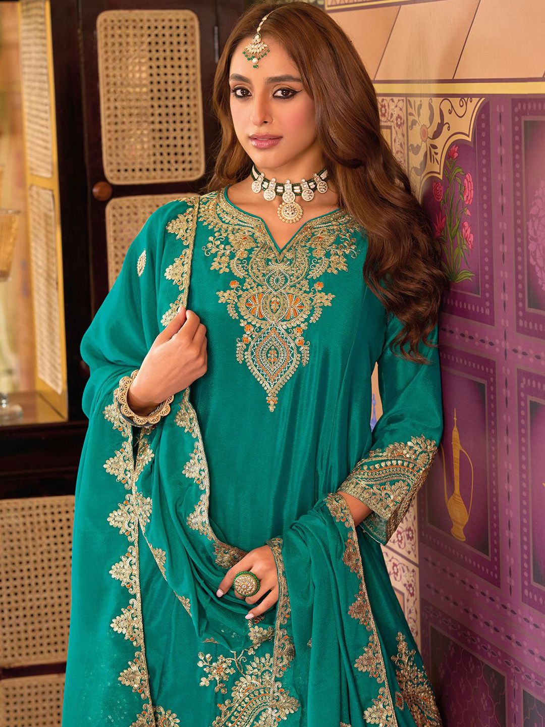 Floral Embroidered Sequinned Chinon A-Line Kurta With Palazzos & Dupatta