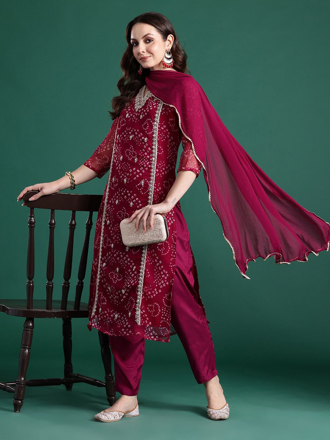 Bandhani Printed Zari Panelled Silk Chiffon Kurta with Trousers & With Dupatta