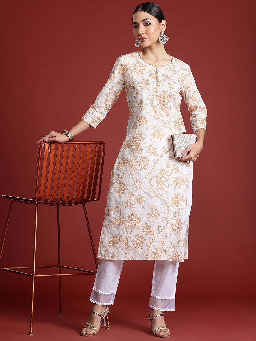 Dhiyona IE Women Floral Printed Keyhole Neck Pure Cotton Kurta