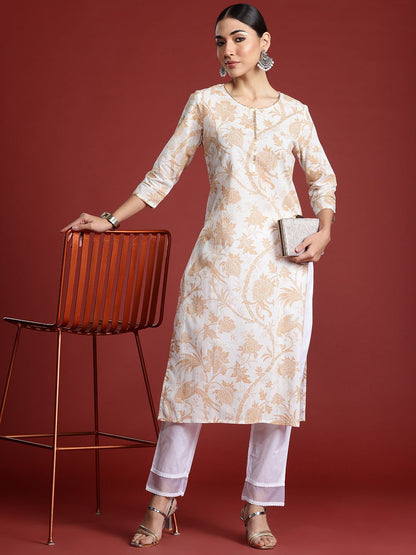 Dhiyona IE Women Floral Printed Keyhole Neck Pure Cotton Kurta