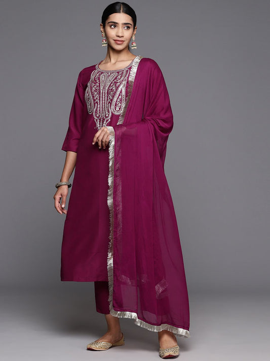 Dhiyona VA Women'sPaisley Zzari Embroidered Regular Kurta with Trousers & Dupatta