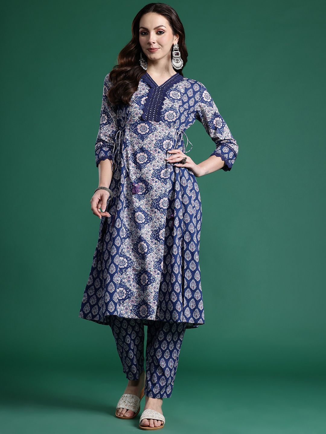 Dhiyona IE Floral Printed Angrakha Mirror Work Pure Cotton Kurta with Trousers